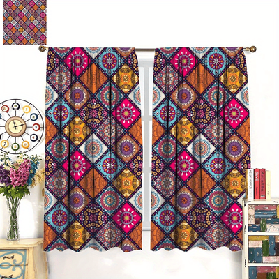 TEMU Bohemian Blackout Curtains 2-panel Set - Easy Rod , Light Filtering & Darkening For Living Room, Bedroom, Office, Kitchen - Machine Washable Polyester Home Decor