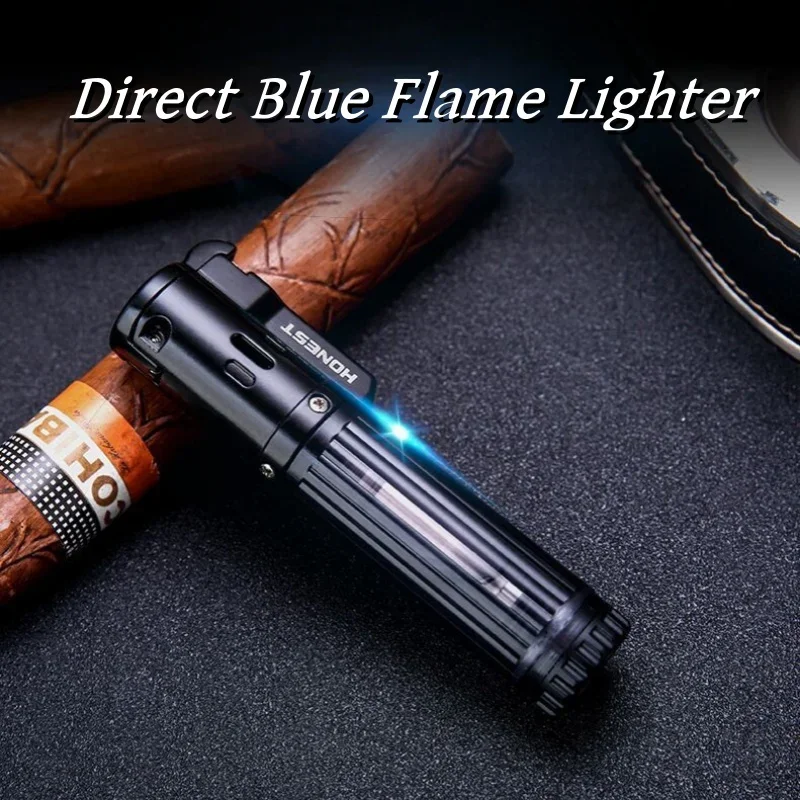 Ehrliche Mini tragbare Metall Gas Feuerzeug transparente Gaskammer wind dichte blaue Flamme Schleif scheibe Zigarre Turbine Fackel als Geschenk Image
