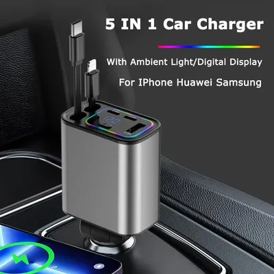 5-in-1 einziehbares Autoladegerät USB-C-Kabel für iPhone Huawei Samsung mit Umgebungsbeleuchtung, Image
