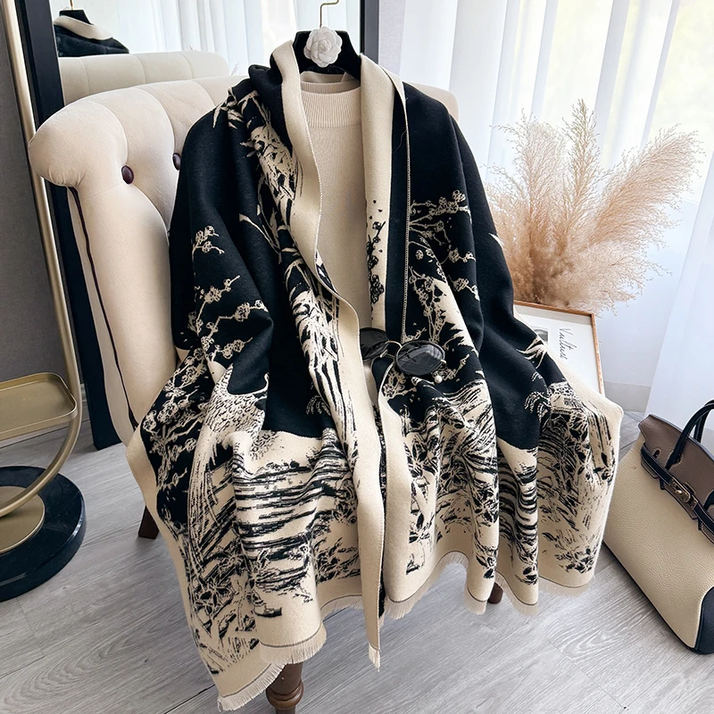 Frauen Winter Kaschmir Schal Weiß Kranich und Bambus Wald Pashmina Luxus Marke Schals und Wraps Bufanda Echarpe Warme Decke Image