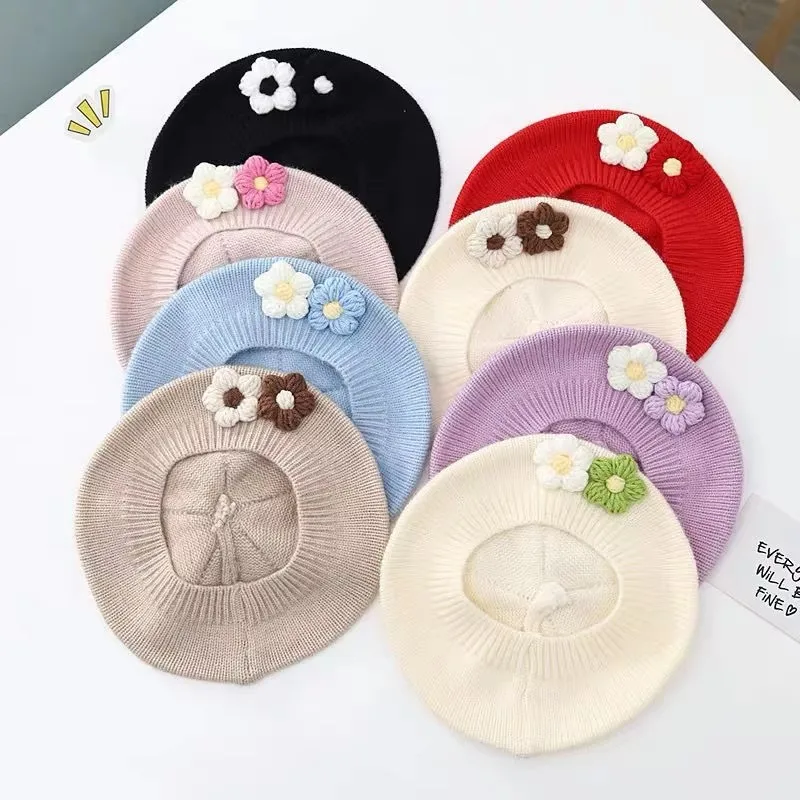 Mode Baby Hut Einfarbig Blume Mädchen Warme Baskenmütze Vintage Gestrickte Mütze Hut Kinder Herbst Winter Kinder Künstler Maler Kappe Image