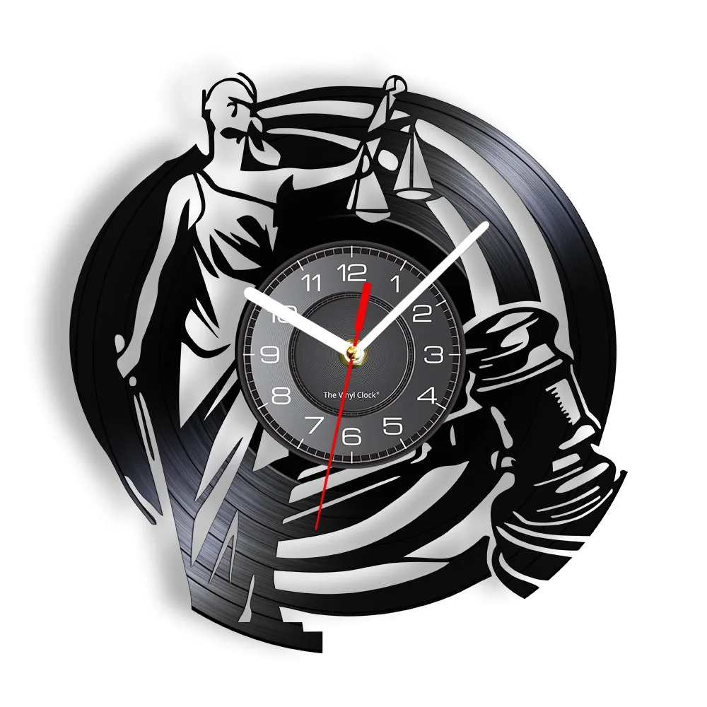 Göttin der Gerechtigkeit Vintage Schallplatte Wanduhr Waage Schichten Büro Dekor Law Art Disks Handwerk Uhr Anwalt Geschenke