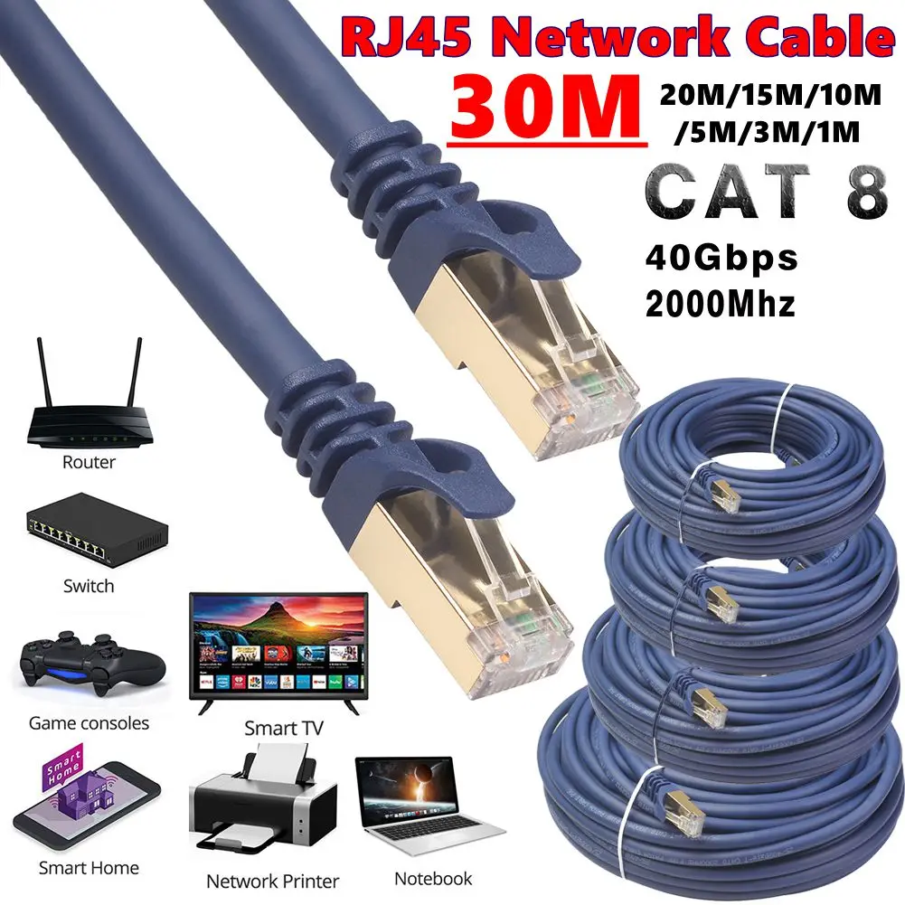 30–1 m Ethernet-Kabel, 40 Gbit/s, 2000 MHz, CAT8/5E-Netzwerk, elastisches PVC-Internet-LAN-Kabel für Laptops, PS4-Router, RJ45-Netzwerkkabel Image