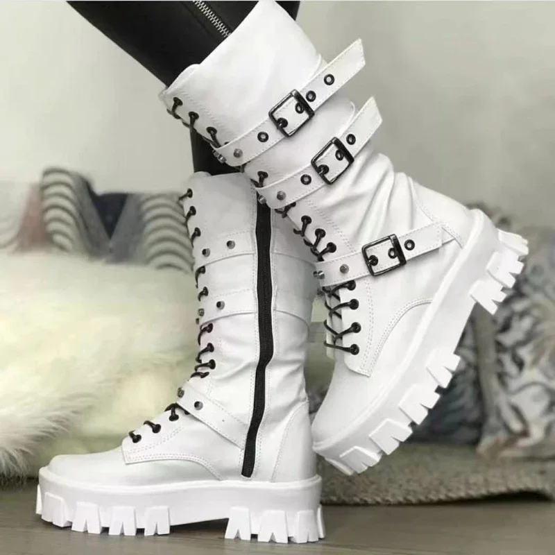 Frauen neue dicke sohlen stiefel Outdoor-mode anti-rutsch-schuh Runde kopf gürtel schnalle lokomotive boot Casual komfort damen schuhe