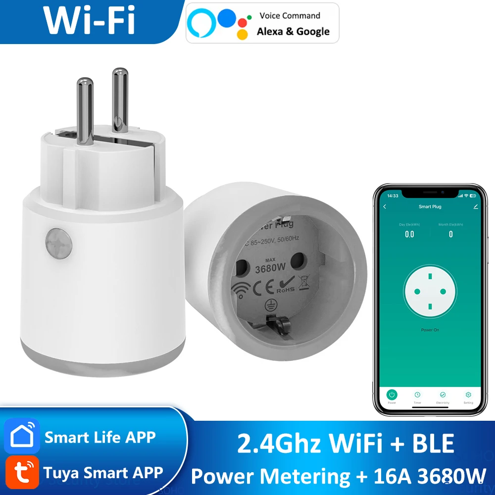 EU Tuya Smart Home 2,4 GHz WiFi + BLE 16 A Leistungsmessstecker, Energieüberwachungstimer, Fernbedienung, Alexa Google, Kindersicherung Image