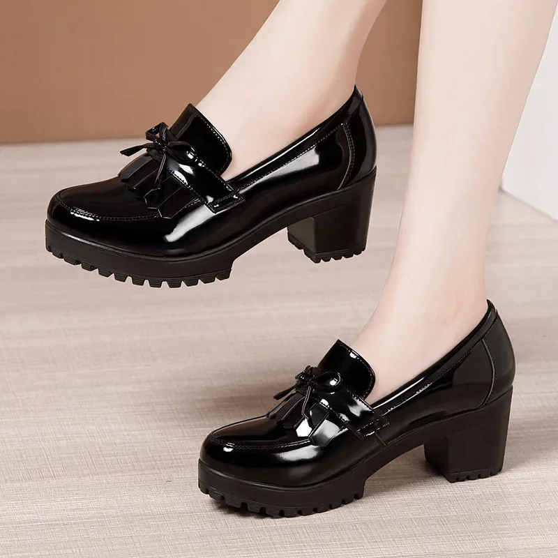 6cm Small Size 33-43 Tassel Med Block Heels Pumps Women Patent Leather Shoes 2025 Thick Bottom Platform Shoes Office Mom Model