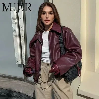 MUJER Faux Leather Bomber Jackets for Women Zipper Winter Jackets Woman Ruched Demi-season Jacket for Women Coats Women's Jacket