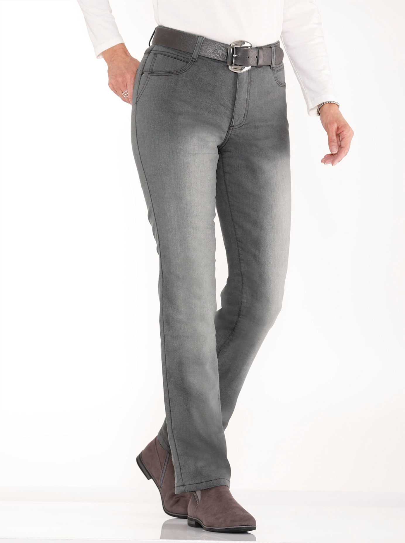 Thermojeans CASUAL LOOKS, Damen, Gr. 44, Normalgrößen, grau (grau, denim), 81% Baumwolle, 17% Polyester, 2% Elasthan, unifarben, lang, Jeans Thermojeans