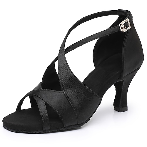 Schwarze Tanzschuhe für Damen aus Satin mit gekreuzten Riemen und offener Spitze, perfekte Absätze für lateinamerikanischen Tanz und Salsa-Tanz Image