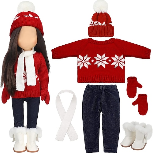 Weihnachtskleidung und Accessoires für 18-Zoll-Puppen, Winter-Puppen-Outfits-Set, Pullover, Hosen, Mützen, Schuhe für 18-Zoll-Puppen, Geschenke (ohne Puppe)