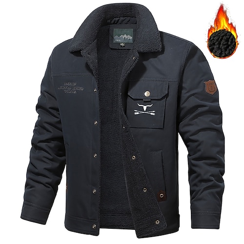 Herren Kuhmuster Wintermantel Fleecejacke Sherpa-Jacke Taktisch Vintage Lässig Täglich Ausgehen Bestickt Winter Umlegekragen Langarm Kaki Dunkelblau Image