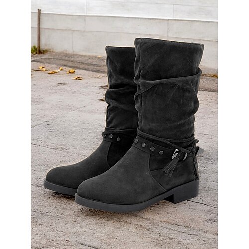 Damenstiefeletten aus Wildlederimitat mit halbhoher Schafthöhe, Nietenriemen und Quastendetails – lässiger Boho-Stil für Herbst und Winter Image