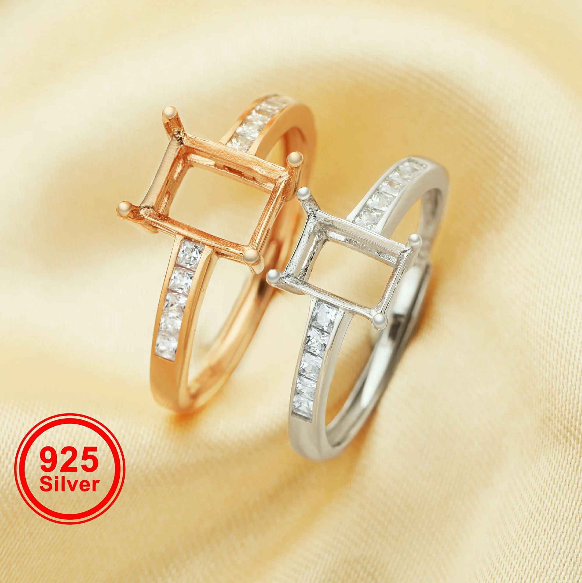 Più dimensioni rettangolare in oro rosa argento Gemme di pietra DELLA CZ prong lunetta solid 925 sterling argento impostazioni anello regolabile 1294132