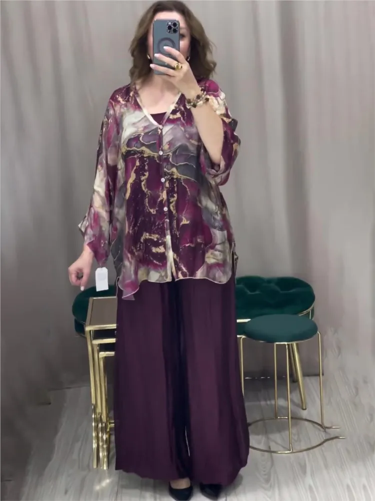 Set da due pezzi con stampa moda primavera estate retrò nuove donne camicia a maniche lunghe con scollo a V pantaloni a gamba larga set da due pezzi allentato casual