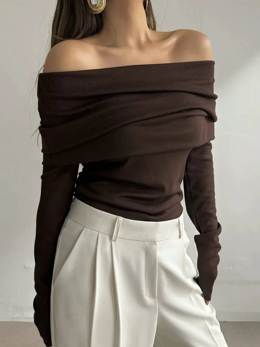 Elegant Off Shoulder Women's Knitted Sweater Knitwears Top Long Sleeve Pullovers Jumper Clothing Red Brown Autumn White Clothing