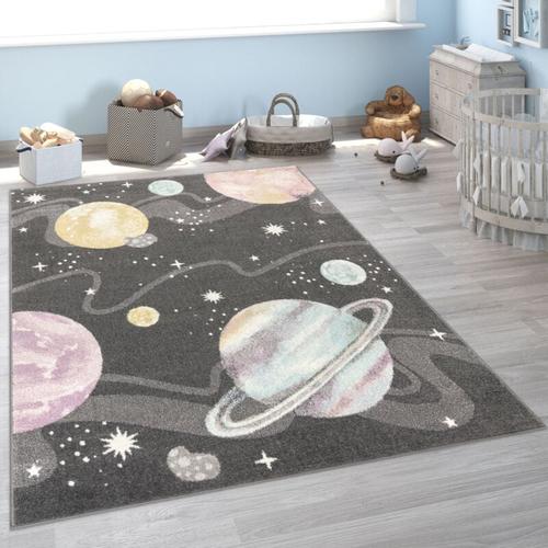 Kinderteppich Teppich Kinderzimmer Junge Mädchen Weltraum Planeten Anthrazit 80x150 cm - Paco Home