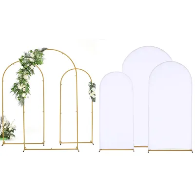 Wedding Arch Backdrop Stand and Cover Set (7.2FT, 6.6FT, 5.9FT) 3 Gold Metal Arch Stands 3 White