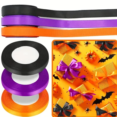 3 Rolls Gift Wrapping Ribbons Purple Black Orange Solid Color Ribbon for Art Crafts Bows Present