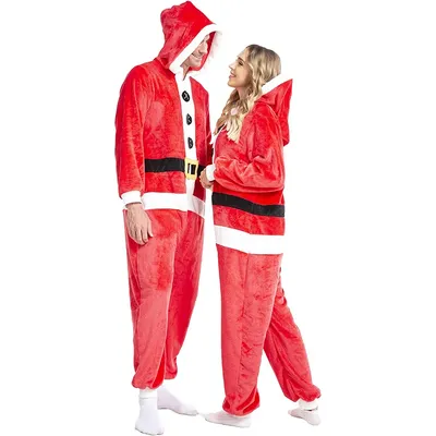 Women s Christmas Costume Mrs Claus Velvet Long Sleeve Hooded Belt Printed Zipper Full-Length