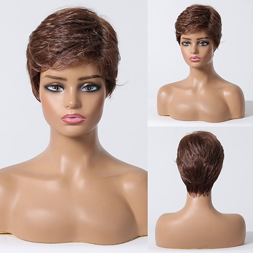 Miscela di capelli umani Parrucca Corto Liscio Diritto naturale Taglio medio corto Taglio corto spettinato Parte laterale Taglio scalato Marrone scuro Cosplay Bigodino e piastra per capelli