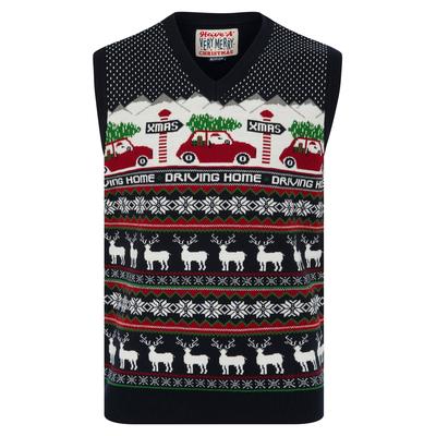 Jumpers Men's Christmas Home Motif Novelty Knitted Christmas V-Neck Sleeveless Tank Top in Ink - Merry Christmas / S - Tokyo Laundry