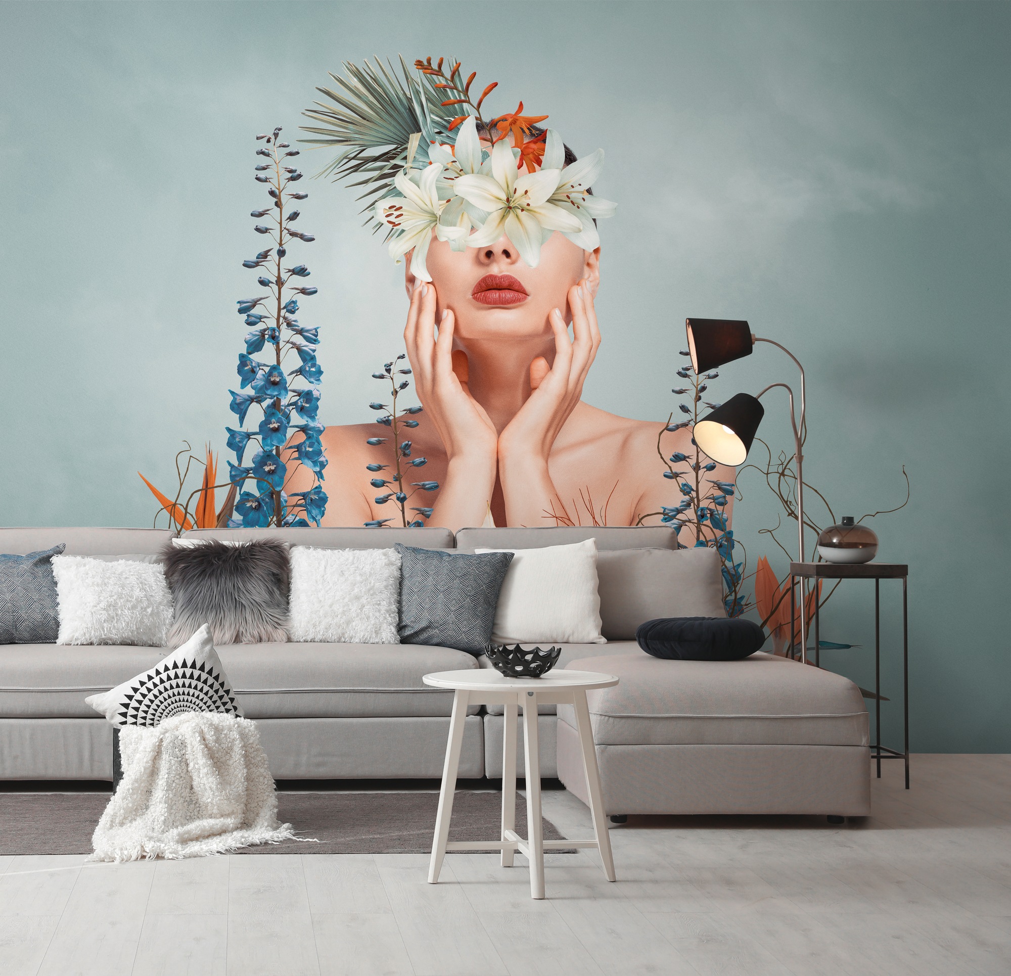 Fototapete LIVING WALLS "THE WALL III Tapete mit Frau Motivtapete Floral Kunst", blau (blau,beige,grün), B:2,8m H:0,02m L:3,71m, Vlies, Tapeten, Vliestapete Blumen für Schlafzimmer Küche Wohnzimmer Frau Design Flur