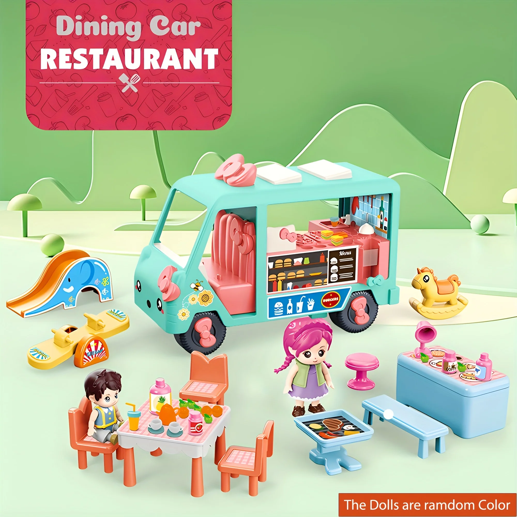 Trägheit getriebener mobiler Ess wagen, das ultimative festliche Geschenkset mit 2 Figuren, Bestell theke, Esstisch, Grill,