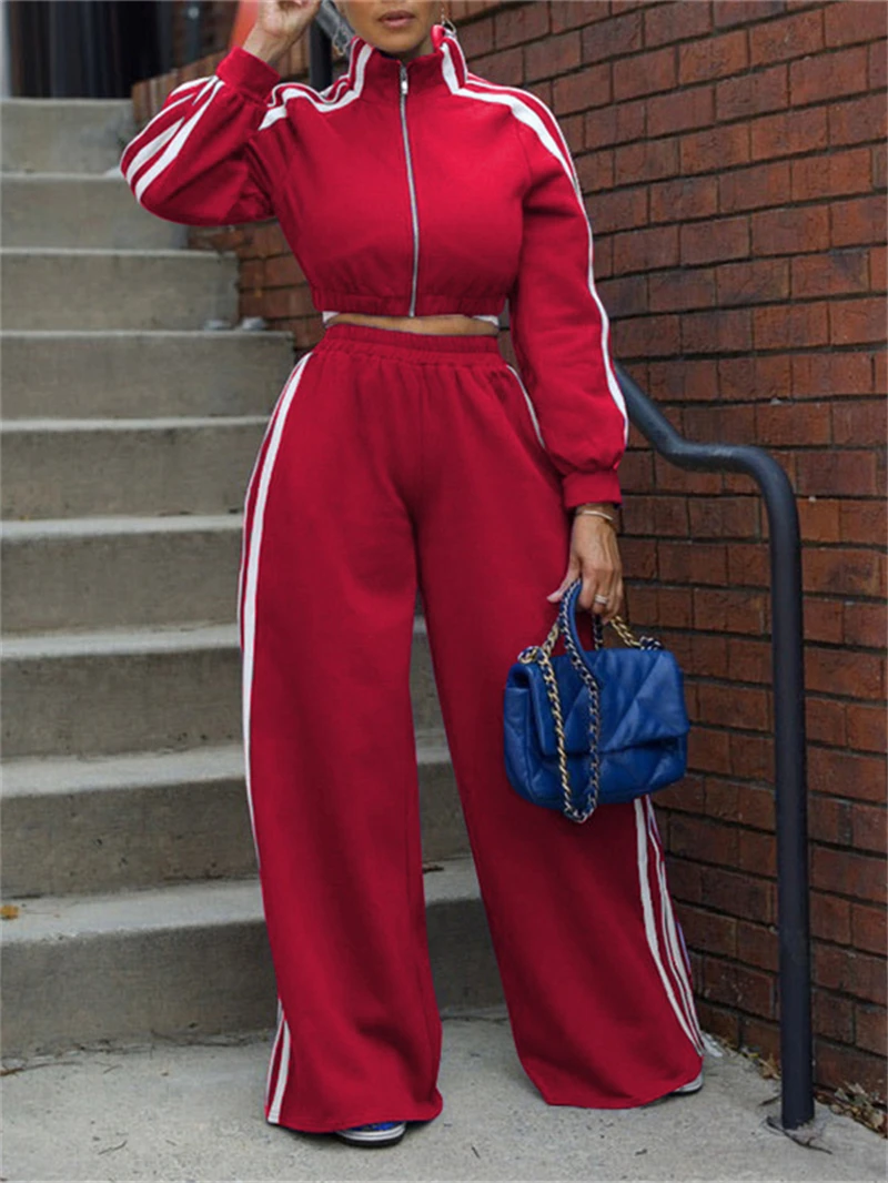 Set da 2 pezzi Abiti da donna Abiti autunnali 2024 Set da donna con zip a righe laterali Set di pantaloni a gamba larga Set di tute casual da donna