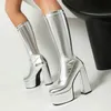 Glänzende goldene silberne sexy Club-Block-High-Heels, Herbst-Winter-Damenschuhe, Reißverschluss, Plattform, Stretch, kniehohe Stiefel, große Größe 47, 48