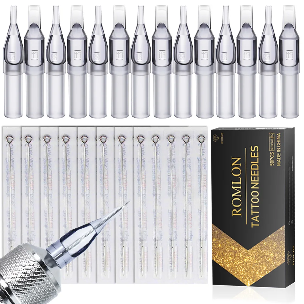 50 Stück Tattoo-Nadeln aus sterilisiertem Stahl und 50 graue Tattoo-Spitzen, Tattoo-Maschinengewehr-Düsenspitzen, Permanent-Make-up-Werkzeuge Image