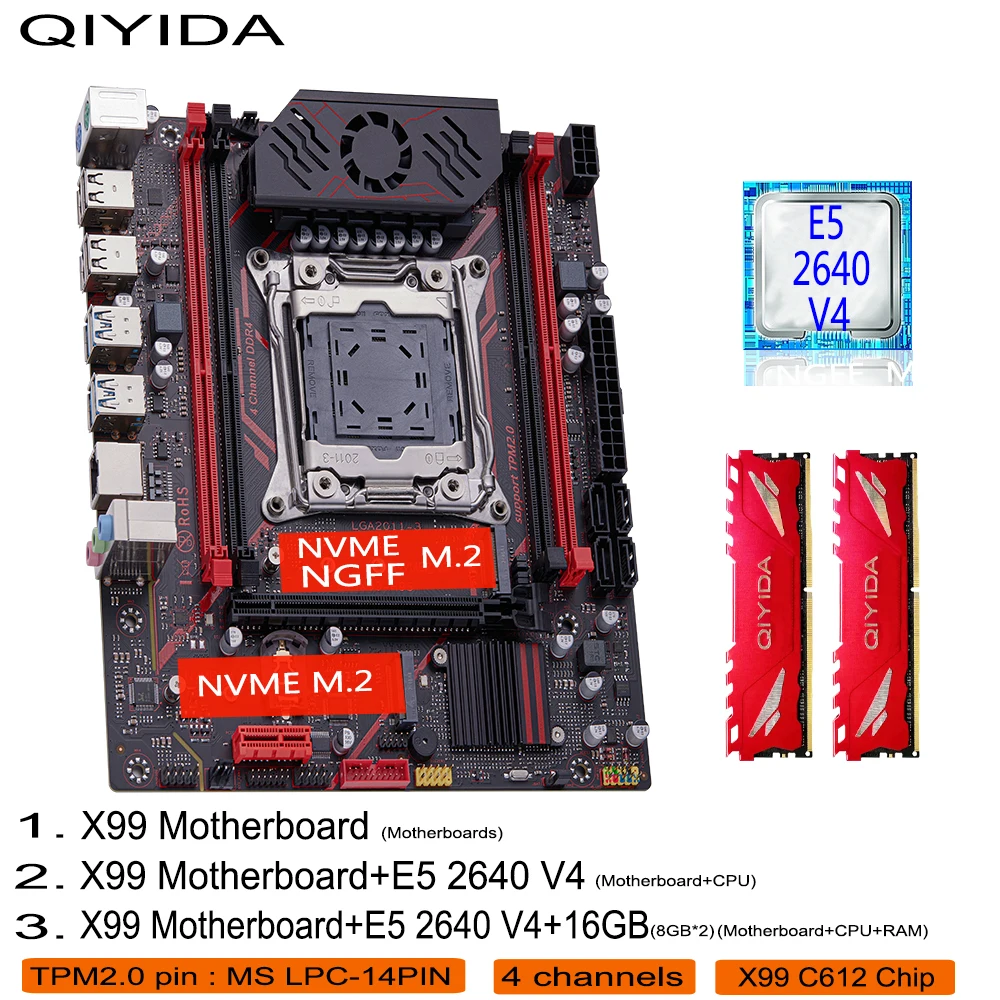 QIYIDA X99 Motherboard Set Kit mit LGA2011-3 Xeon E5 2640 V4 CPU DDR4 16 GB (8G*2) 4 Kanäle Speicher PCI 16x NVME M.2 SATA3 H9S Image