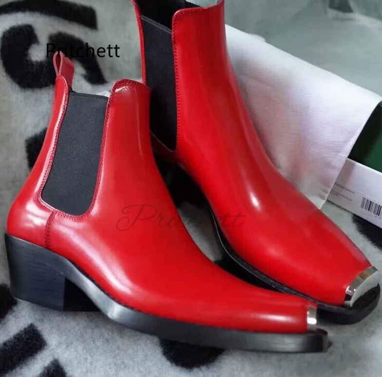 Metall quadratische Zehen Lack leder Herren stiefel schwarz rot Knöchel Chelsea Stiefel Herbst Winter hand gefertigt med Ferse Bankett Kleid Herren schuh