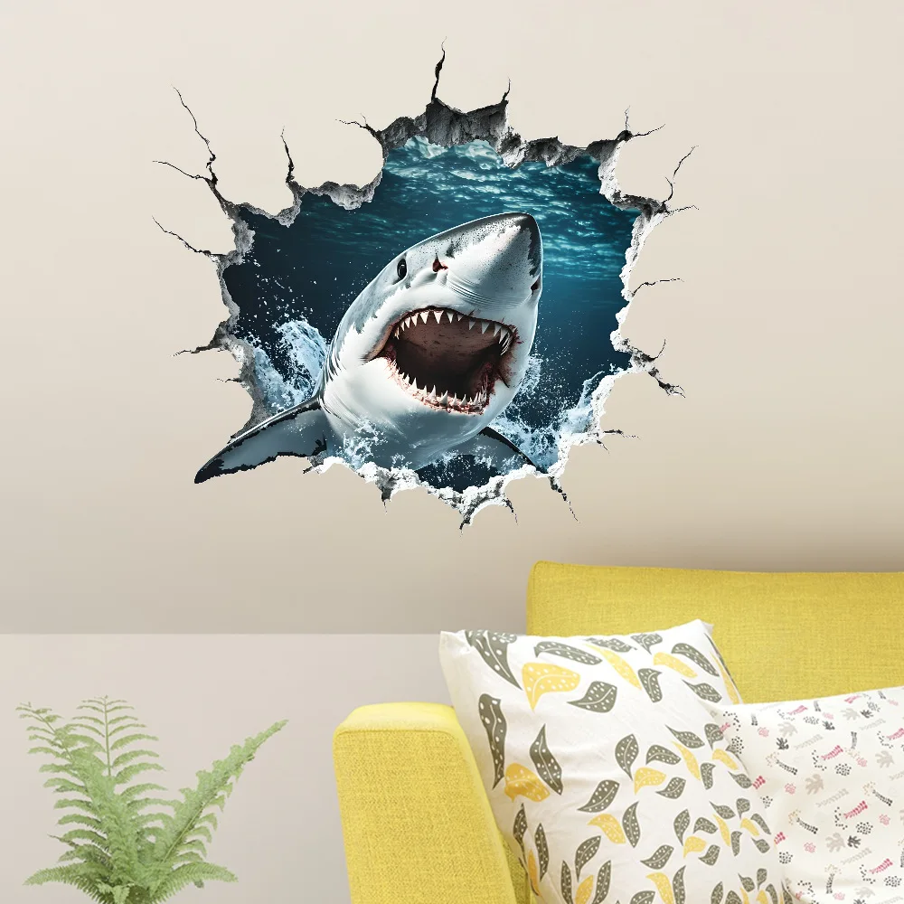 1PCS Kreative Gebrochene Wand Shark Schlafzimmer Wohnzimmer Dekoration Verschönerung Wand Aufkleber Selbst-klebe Image