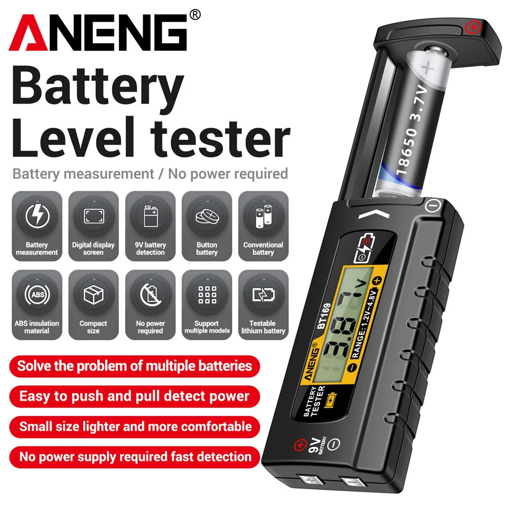 ANENG BT169 Batteriestandtester, digitaler Bildschirm, mehrere Maßnahmen, keine Strom erforderlich, tragbare ABS-Kunststoff-Tester-Werkzeuge Image
