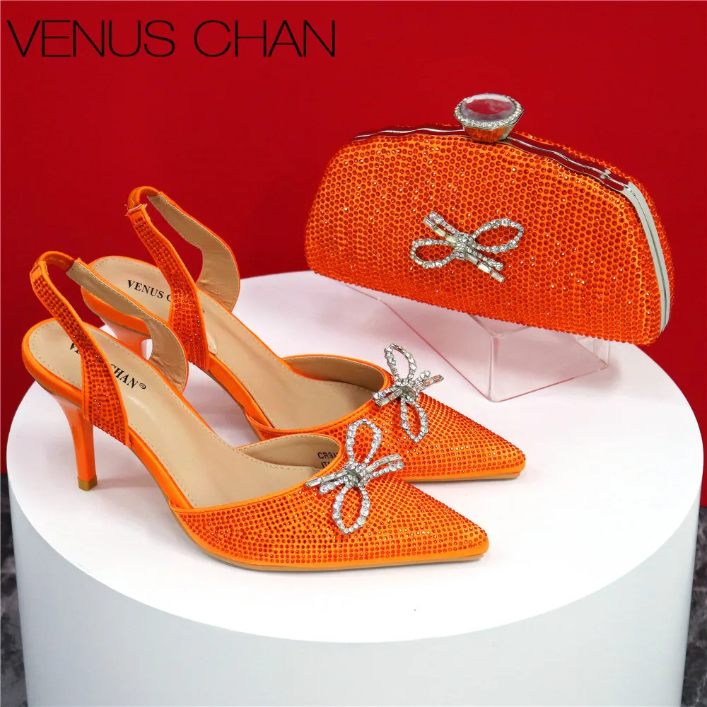 2024 italienisches Design Luxus Damenschuhe und Clutch Orange Farbe Voll diamant Dekoration Metall verschluss Tasche für Hochzeits feier