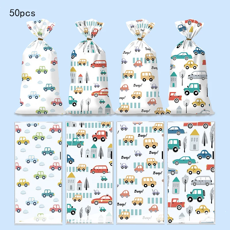 50 stücke Cartoon Dinosaurier Süßigkeiten Taschen Kunststoff Auto Kinder Geburtstag Geschenk Tasche Dschungel Tier Cookie Snack Bisuit Tasche Party Gefälligkeiten Versorgung Image