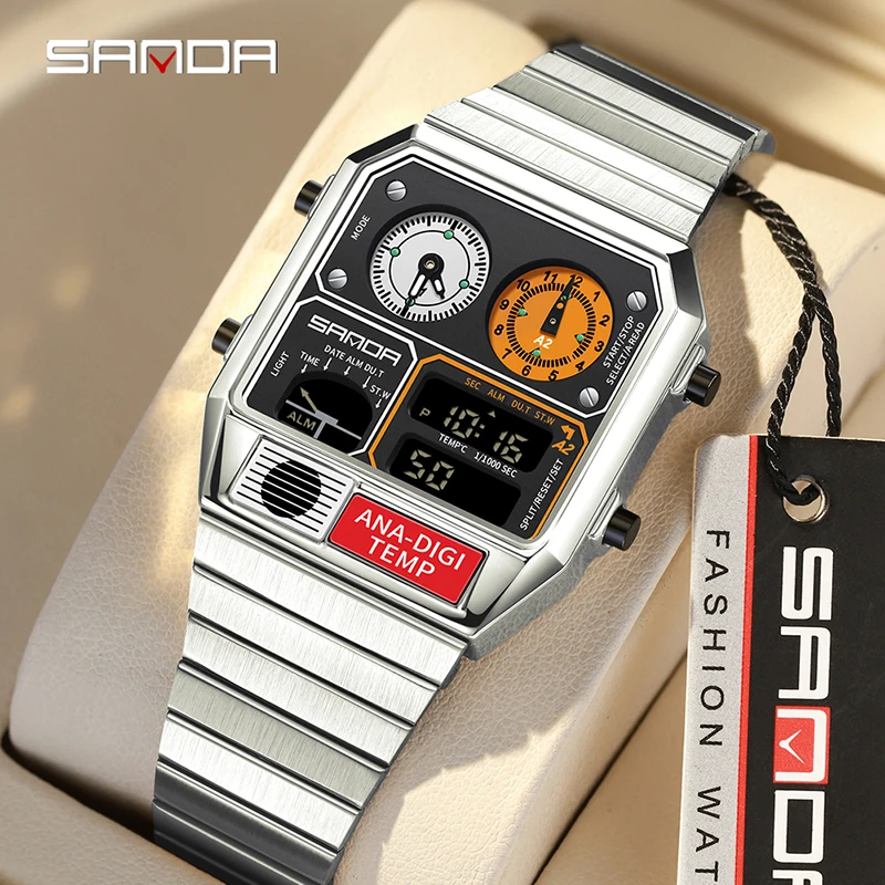 SANDA Neue Quadratische design Elektronische Uhr Multi Funktionale Temperatur Gauge Stoppuhr Chronograph herren Uhr Relogio Masculino Image