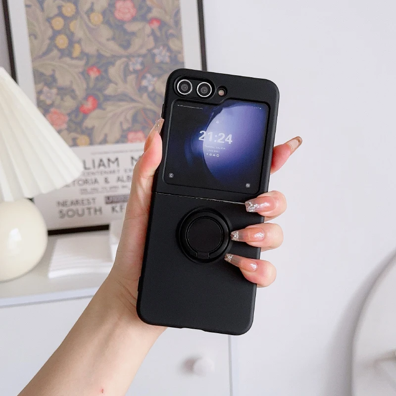 Luxuriöses, einfarbiges Flüssigsilikon 360° ° Rotierender Ringhalter, faltbare Handyhülle für Samsung Galaxy Z Flip 6, 5, 4, 3, weiche Rückseite Image
