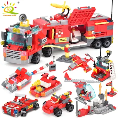 HUIQIBAO 678 stücke 8in1 Stadt Feuerwehrauto Modell Bausteine Feuerwehr Set Feuerwehrmann Figuren Image