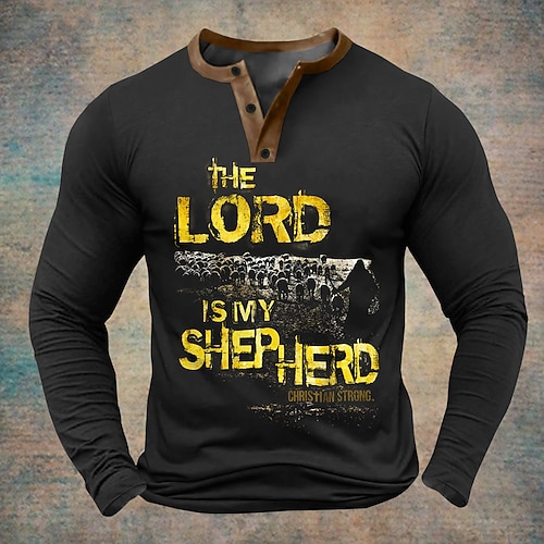 Christliches Herren-Langarm-Henley-T-Shirt - 'Der Herr ist mein Hirte Christian Strong' Glaube Grafik Religiöses Oberteil Image