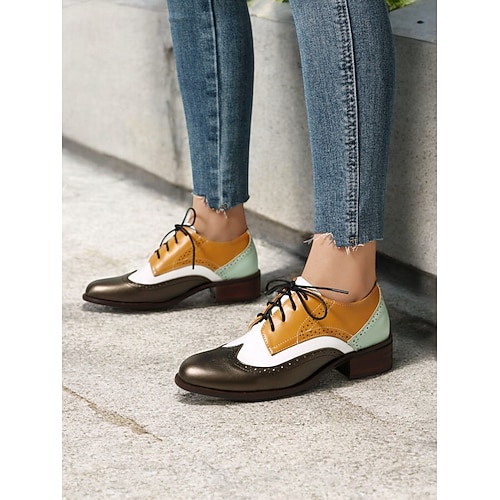mehrfarbige Brogue-Oxford-Schuhe für Damen mit Chevron-Muster und kontrastierenden Kunstledereinsätzen – Schnürschuhe im Vintage-Stil Image