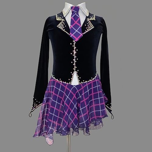 Eiskunstlaufkleid Damen Mädchen Eislaufen Kleider Dunkelblau Patchwork Daumenloch Gitter Spandex elastisch Ausbildung Praxis Professionell Eiskunstlaufkleidung warm Klassisch Kristalle Langarm Image