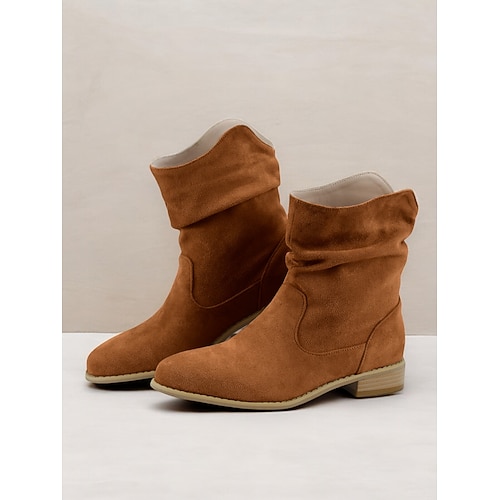 Beigefarbene Slouchy-Stiefeletten aus Wildleder für Damen – lässige und bequeme Stiefeletten im Westernstil mit niedrigem Absatz Image