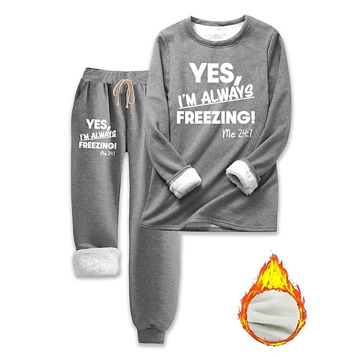 Frauen Pyjamas Set Fleece gefüttert 2 Teile Sweatshirt Trainingsanzüge Loungewear Set Pyjamas Fleece flauschig Langarm Oberteil und Hose Textdruck Komfort lässige Hauskleidung Kordelzug solide Image