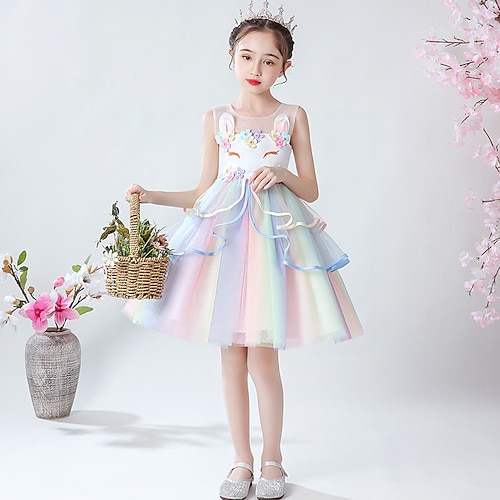 Blumenmädchenkleid Kinder Mädchen Prinzessinenkleid Leistung Hochzeit Party Elegant Schön Gitter Blumen Ärmellos Rundhalsausschnitt Weiß Rosa 4 Jahre Image