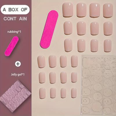 TEMU [customer ] 24pcs Set Of Nude -on Nails - Short Square, Solid Color With Jelly Adhesive & Nail File Included - Casual Attire By Women And Girls