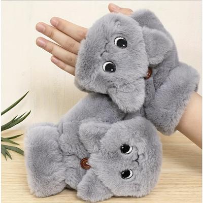 TEMU Cozy Cartoon Velvet Gloves For Women - Warm, Soft Fingerless With Flip Cover Design, Winter Dates