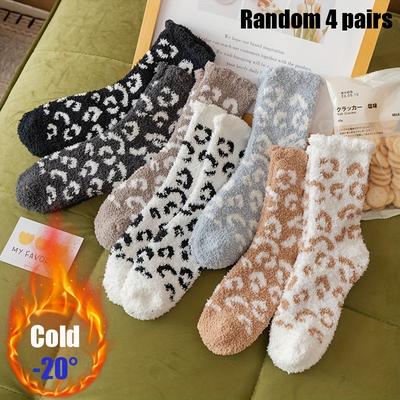 TEMU 4pcs Cozy Leopard Print Fuzzy Socks For Women - , Warm & Soft Mid-calf Winter Sleeping Socks, Machine Washable