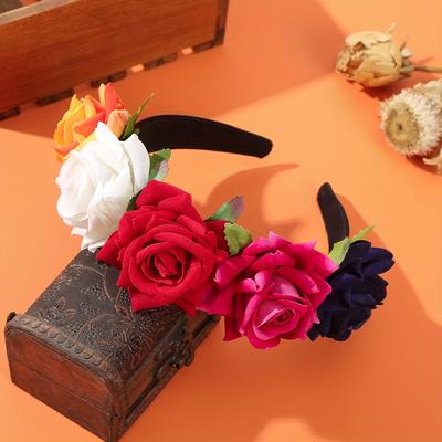 TEMU Mexican Flower Head Hoop Crown Headpiece Hawaiian Floral Hair Band For Women Female Image