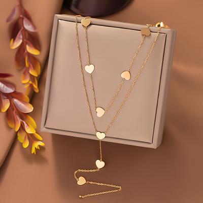 TEMU Elegant Stainless Steel Golden Necklace With Double-layer Chain And Heart-shaped Tassel Pendant, Fashionable Trendy Jewelry Gift, 304 Stainless Steel Image